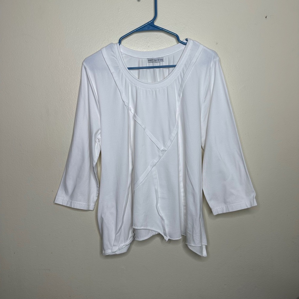 Snapdragon & Twig Top White Raw Edge Ruffle 3/4 Sleeve Cotton Lagenlook size XS